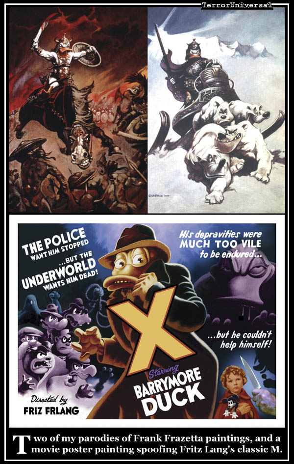 Two of my parodies of Frank Frazetta paintings, and a movie poster painting spoofing Fritz Lang's classic M.