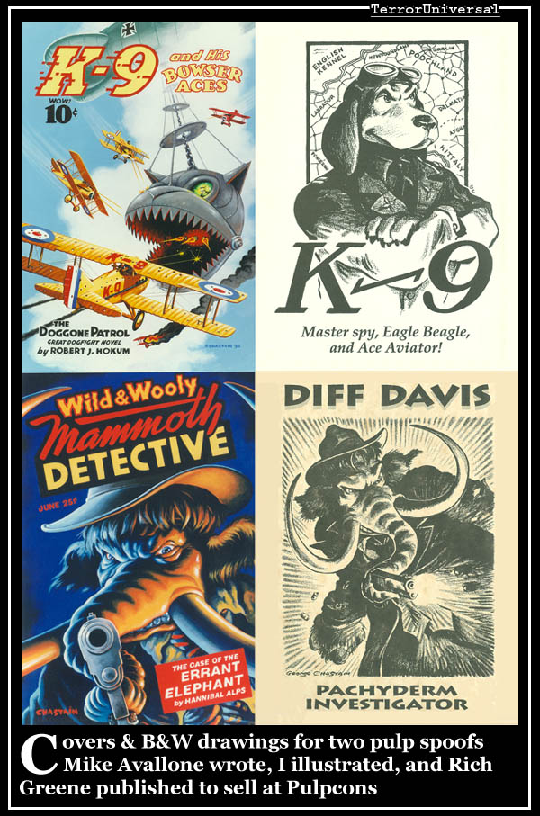 Covers & B&W drawings for two pulp spoofs Mike Avallone wrote, I illustrated, and Rich Greene published to sell at Pulpcons