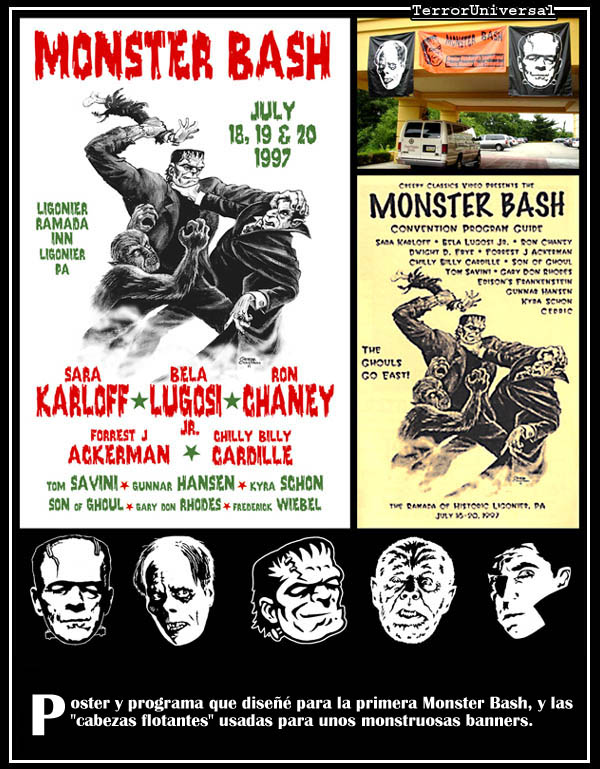 Poster y programa que diseñé para la primera Monster Bash, y las monstruosas "cabezas flotantes" usadas para los banners