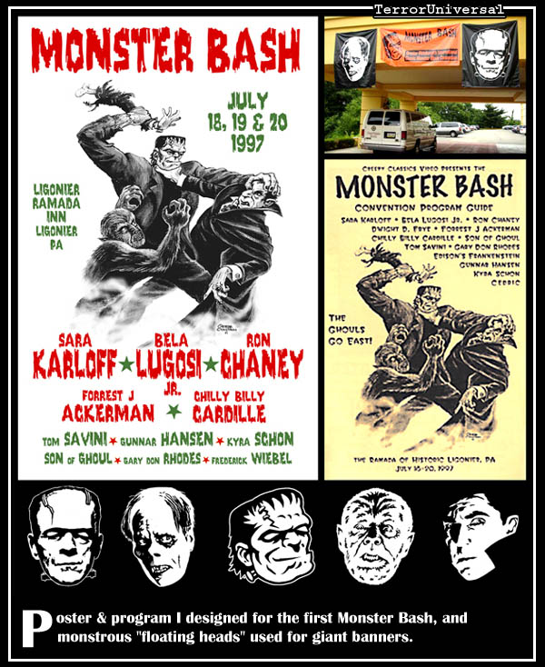 Poster & program I designed for the first Monster Bash, and monstrous "floating heads" used for giant banners.