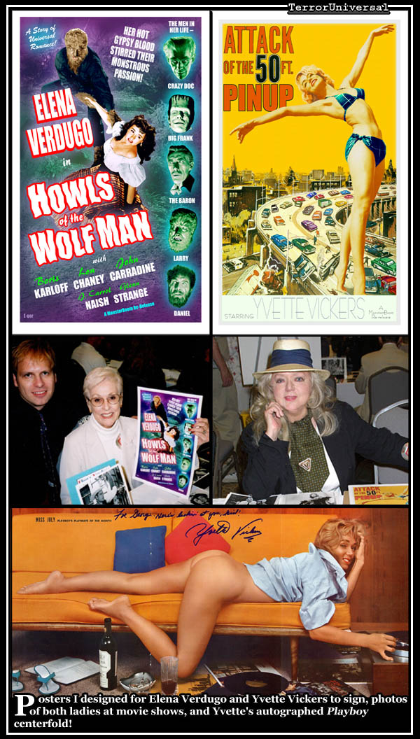 Posters I designed for Elena Verdugo and Yvette Vickers to sign, photos of both ladies at movie shows, and Yvette's autographed Playboy centerfold!