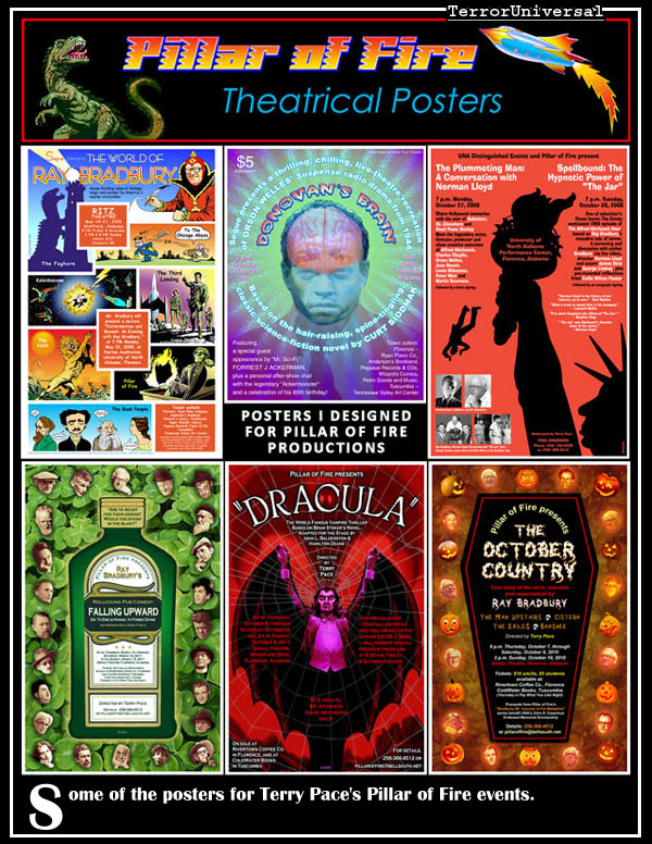 Some of the posters for Terry Pace's Pillar of Fire events.
